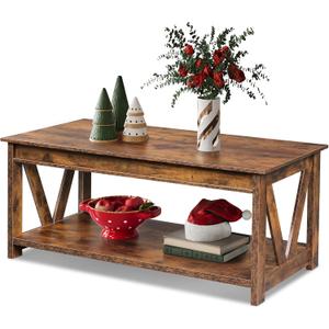 WLIVE Coffee Table, 43" Farmhouse Coffee Table with Storage Shelf & Sturdy V-Shaped Support, Wood Center Table for Living Room, Bedroom, Office and Balcony, Rustic Brown