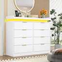 knoworld 8 Drawer Dressers for Bedroom, White Dresser with LED Lights and Power Outlet, Wood LED Dresser, Double Wide Modern Chest of Drawers for Bedroom, Entryway, Hallway