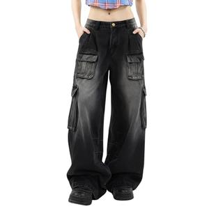 Hugboom Baggy Cargo Pants for Women Girls Retro Low Rise Wide Leg Jeans Y2k Hip Hop Streetwear Grunge Clothes Black(M)