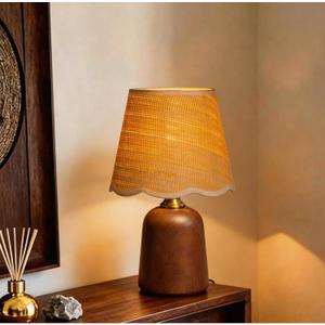 11.4" Solid Walnut Style Wood Small Table Lamp, Boho Bedside Lamp for Mid-Century Modern Decor, 3-Color Dimmable Woven Shade, Aesthetic Nightstand Light for Living Room, E26 LED Bulb Included