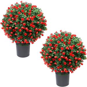 21.6” Tall Artificial Rose Topiary Ball Tree Set of 2 Pack, Faux Boxwood Ball Tree UV Resistant Potted Bushes Fake Plants for Outdoor Front Door Porch Home Office Decor