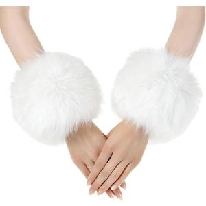 2 x Faux Fur Arm Warmers Wrist Cuffs Winter Furry Hand Warmers for Cold Weather Party Costume (White) (White)