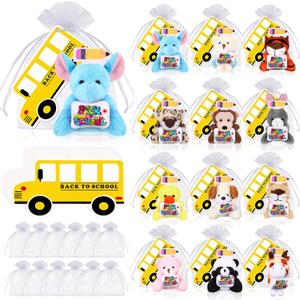 12 Set Welcome Back to School Gifts for Students Mini Stuffed Plush Animal Keychains Toys Bulk with Bus Tags Organza Goodie Bag for First Day of School Classroom Gift Party Favor