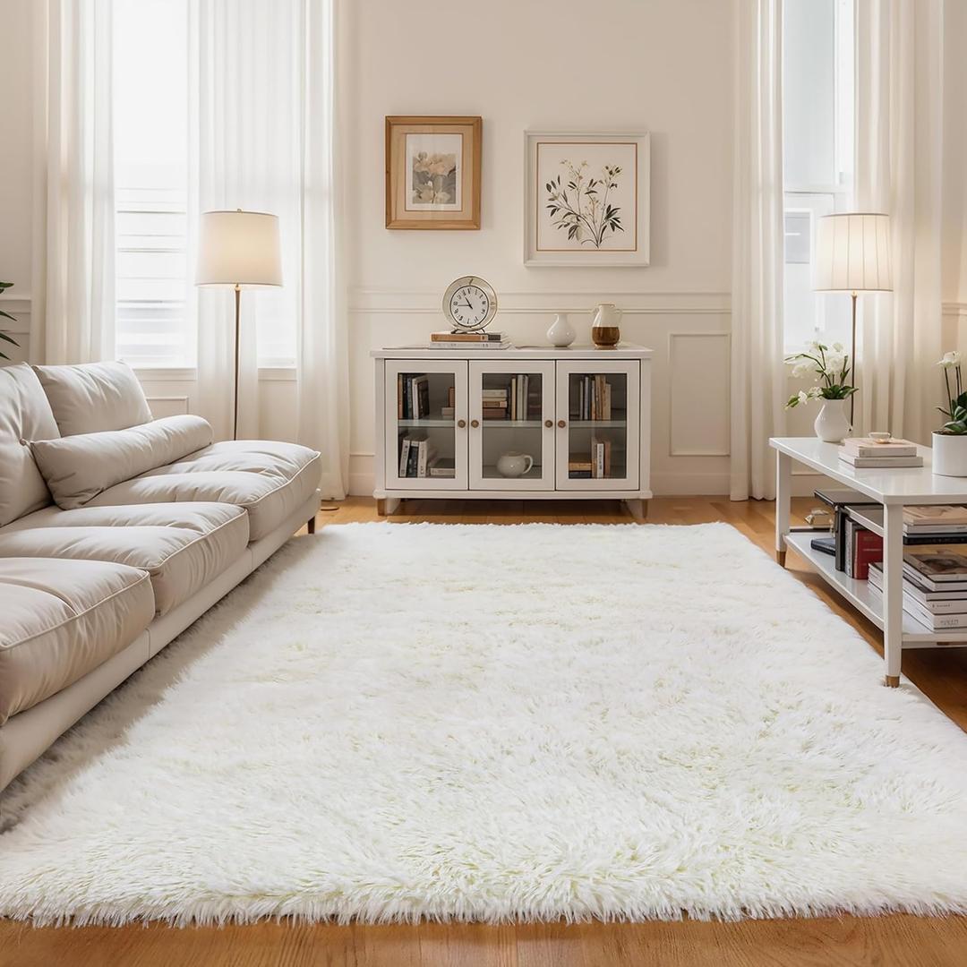 KCHOWUA Ceam White Fluffy Shag Large Area Rug for Living Room,5'x8' Machine Washable Furry Fuzzy Rugs for Bedroom, Modern Soft Shaggy Plush Cute Carpet for Kids Boys Girls Dorm Room Nursery, Ivory