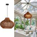 18.9IN Boho Rattan Chandelier 3-Lights Hand-Woven Rattan Pendant Light Farmhouse Wicker Dining Room Light Hanging Bamboo Pendant Light Fixture for Kitchen Island Living Room Hallway Reataurant, 13.9IN