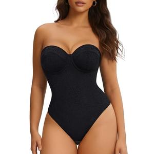 Nebility Strapless Shapewear Bodysuit for Women - Thong Body Suits Tummy Control Tube Top Underwire Lace Corset with Removable Strap Size M