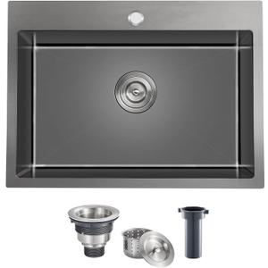 24 Inch Drop in Kitchen Sinks Black, 24x18 Inch Single Hole 18 Gauge Stainless Steel Single Bowl Kitchen Sink Topmount, D24"xW18"xH9"