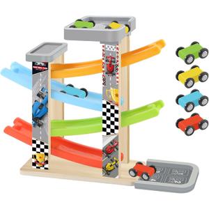 Wooden Race Track Car Ramp Toy, Montessori Car Ramp Set with 4 Mini Cars, 4 Ramps, Parking Lots  Educational Gift for Boys & Girls 3+Years Toys