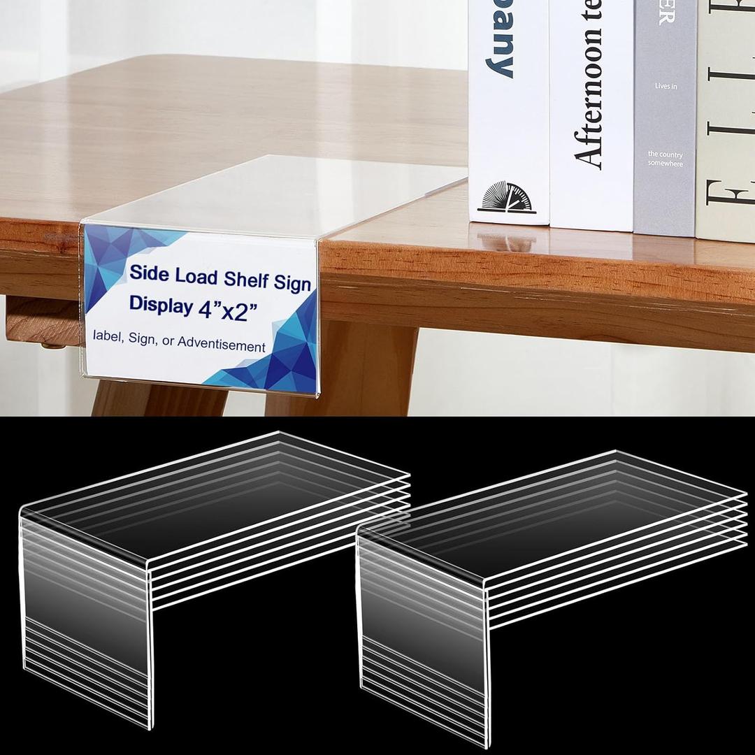 12 Pcs Acrylic Library Moveable Shelf Label Holders Bulk Talker 4" x 2" Clear Shelf Display Markers Retail Label Tags for Office Home Classroom Office Book Shelve