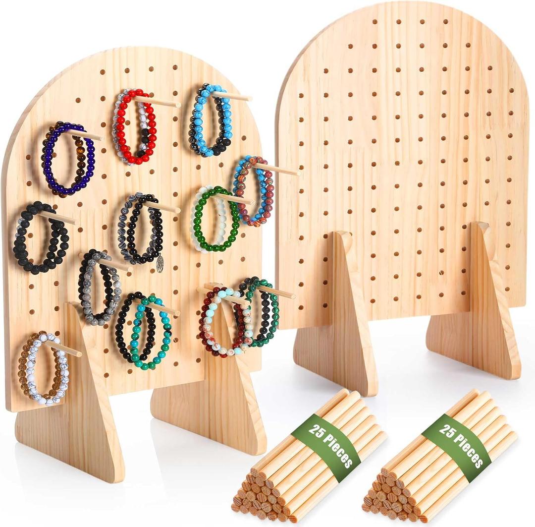 Colingmill 2 Sets Keychain Display Stand Wooden Pegboard Display Stand with 25 Pcs Dowel Rods Oval Bracelet Organizer Holder for Jewelry, Craft Shows, Necklace, Selling, 15.75" x 11.81"(Wood)