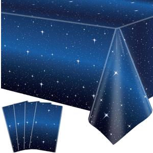 4 Pack Starry Night Tablecloth Set - 86' x 51' Rectangle Plastic Tablecloth Space Theme Table Cover - Galaxy Stars Birthday Party Supplies