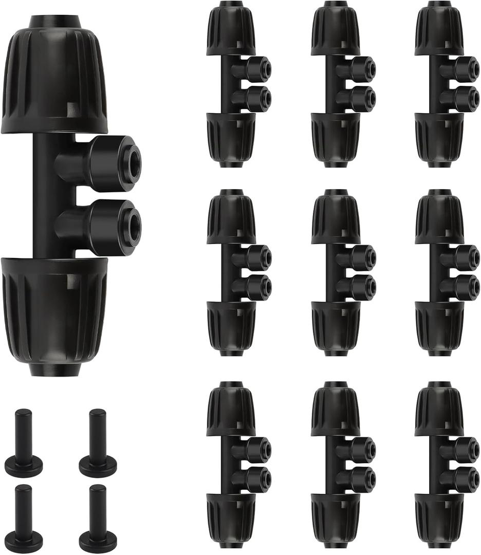 Kalolary 10PCS 1/2'' to 1/4'' Barbed Tee Quick Connector, Push-to-Fit Drip Irrigation Fittings Anti-Leak Locked Splitter Fitting for Irrigation Tubing with 4-Way Connector& 4 Plugs
