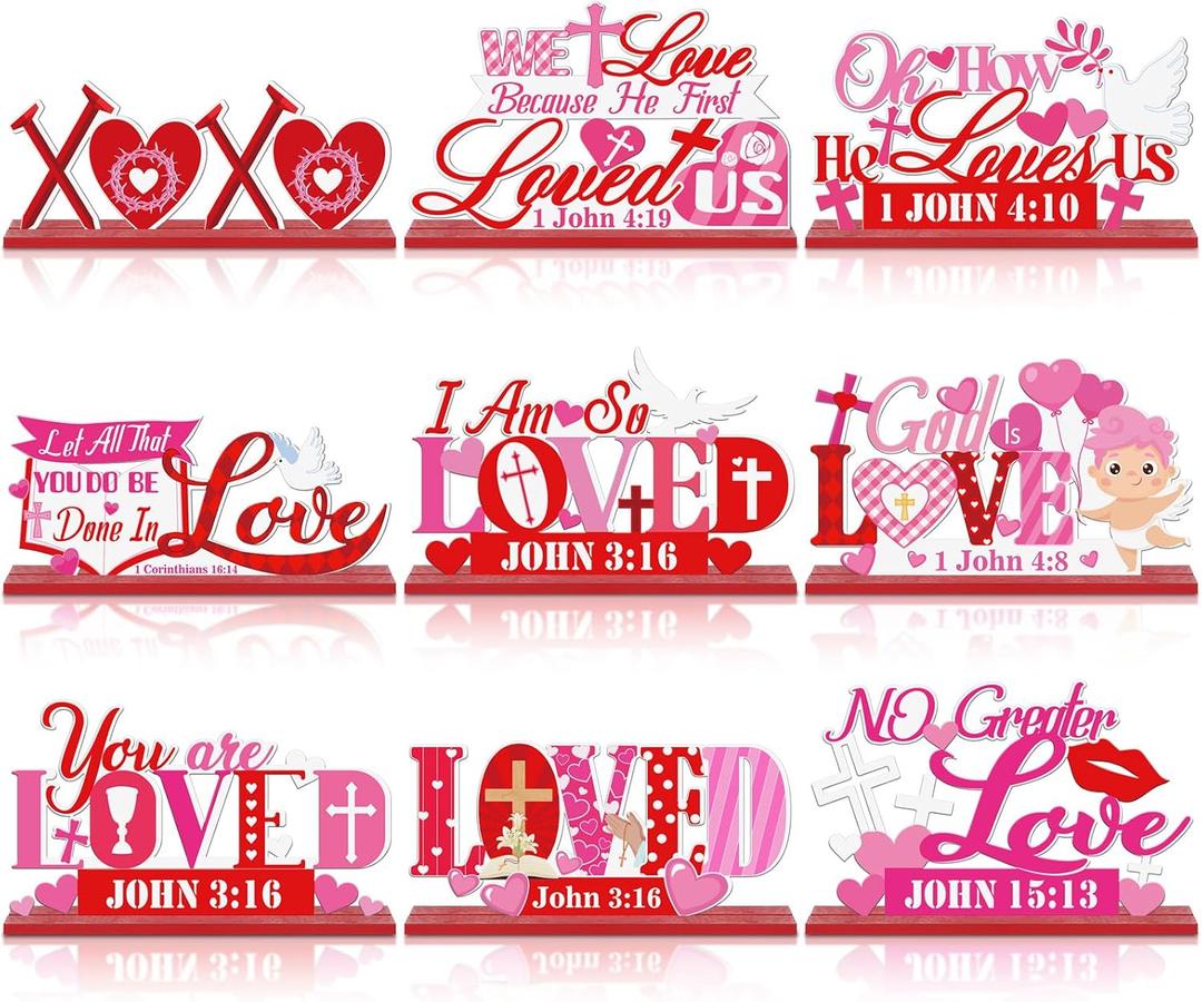 Amyhill 9 Pcs Valentine's Day Christian Wooden Table Decorations Centerpieces Religious Love Pink Red Heart Wooden Cross Sign Christian Vintage Valentines Decor for Home Shelf Block