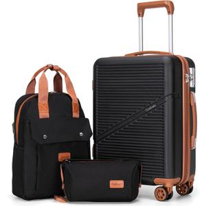 3-Piece Carry On Luggage Set 22x14x9 Airline Approved, 20 Inch Lightweight ABS Suitcases with Wheels and TSA Lock - Durable Waterproof Travel Suitcase Set (Black)