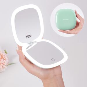 Mocado Compact LED Travel Makeup Mirror - 4 Inches 1X/10X Magnification Travel Mirror with Light Dimmable Double Sides Lighted USB Rechargeable Compact Mirror for Purse, Pocket, Travel (Powdery Green)