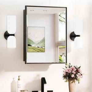 TokeShimi 21x27 In Recessed Medicine Cabinet with Mirror Wall Mounted, Aluminum Alloy Black Medicine Cabinet Mirrored, Metal Beveled Mirror with Storage for Bathroom Vanity