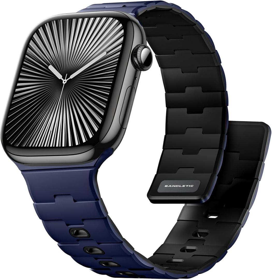 Bandletic Magnetic Silicone Watchband Compatible with Apple Watch Band 44mm 45mm 46mm 49mm 42mm 41mm 40mm 38mm Men Women, Strong Magnet Sport Strap for iWatch Series 11 10 9 8 7 6 5 4 Ultra SE 3 2 1 (Blue/Black)
