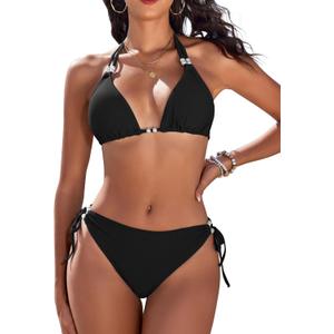 Yusongirl Womens Two Piece Bikini Set Sexy Tie Side Halter Triangle Tops String Bathing Suit Solid Color Bikini Swimsuit (Large, Black)