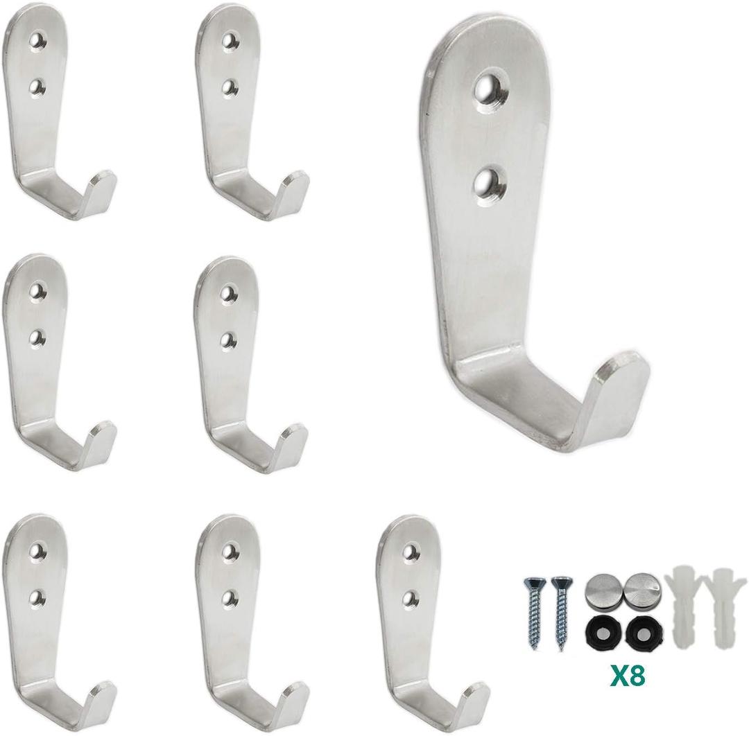 Stainless Steel Coat Hooks, Heavy Duty Metal Hangers for Hanging Towels, Keys, Hats - Kitchen & Bathroom Wall Mounted Indoor/Outdoor Hooks with Installation Screws - 8 Pack (L Shape Large63*25*30mm)