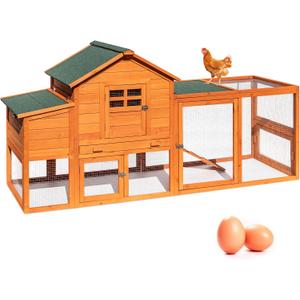 Large Wooden Chicken Coop for 4-6 Chickens, Secure Outdoor Hen House with Enclosed Run, Weather-Resistant Roof, Easy-Clean Slide-Out Tray & Nesting Boxes (Includes 2 Training Eggs)