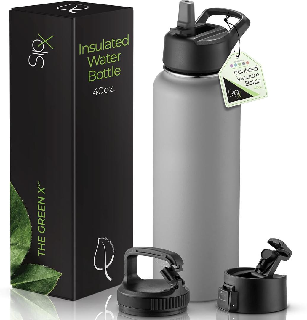 SipX Triple-Insulated Stainless Steel Water Bottle 40oz. With 3 Lids, BPA-Free Reusable Insulated Water Bottle Keeps Cold 24 Hours, Metal Water Bottle Made Of Sustainable Material For Hiking & Biking (Gray)