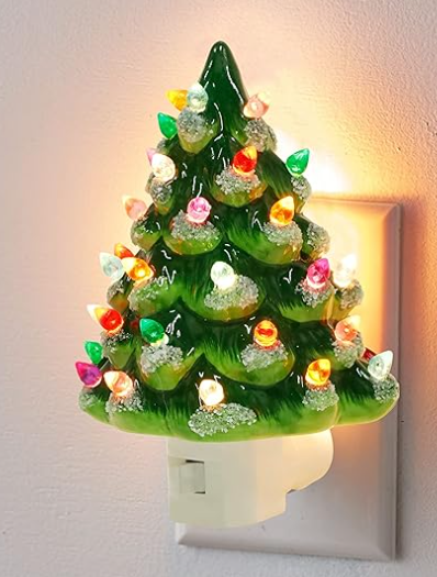 Hausse Christmas Ceramic Tree Night Light, Decorative Snow Covered Xmas Tree Nightlight with Lamp, Multicolor Bulbs & 360 Degree Swivel Plug with ON/Off Switch for Home Bathroom Bedroom Decor