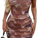 AVZXSA Women's Strapless Ruched Mini Dress, Lined Print Mesh Sexy Short Bodycon Party Club Tube Dresses XS