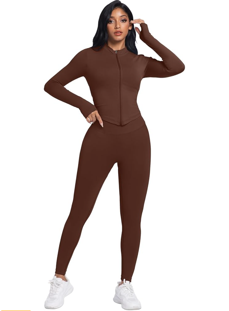 OVESPORT 2 Piece Workout Sets for Women Full Zip Workout Jackets and Seamless Leggings Outfits, S