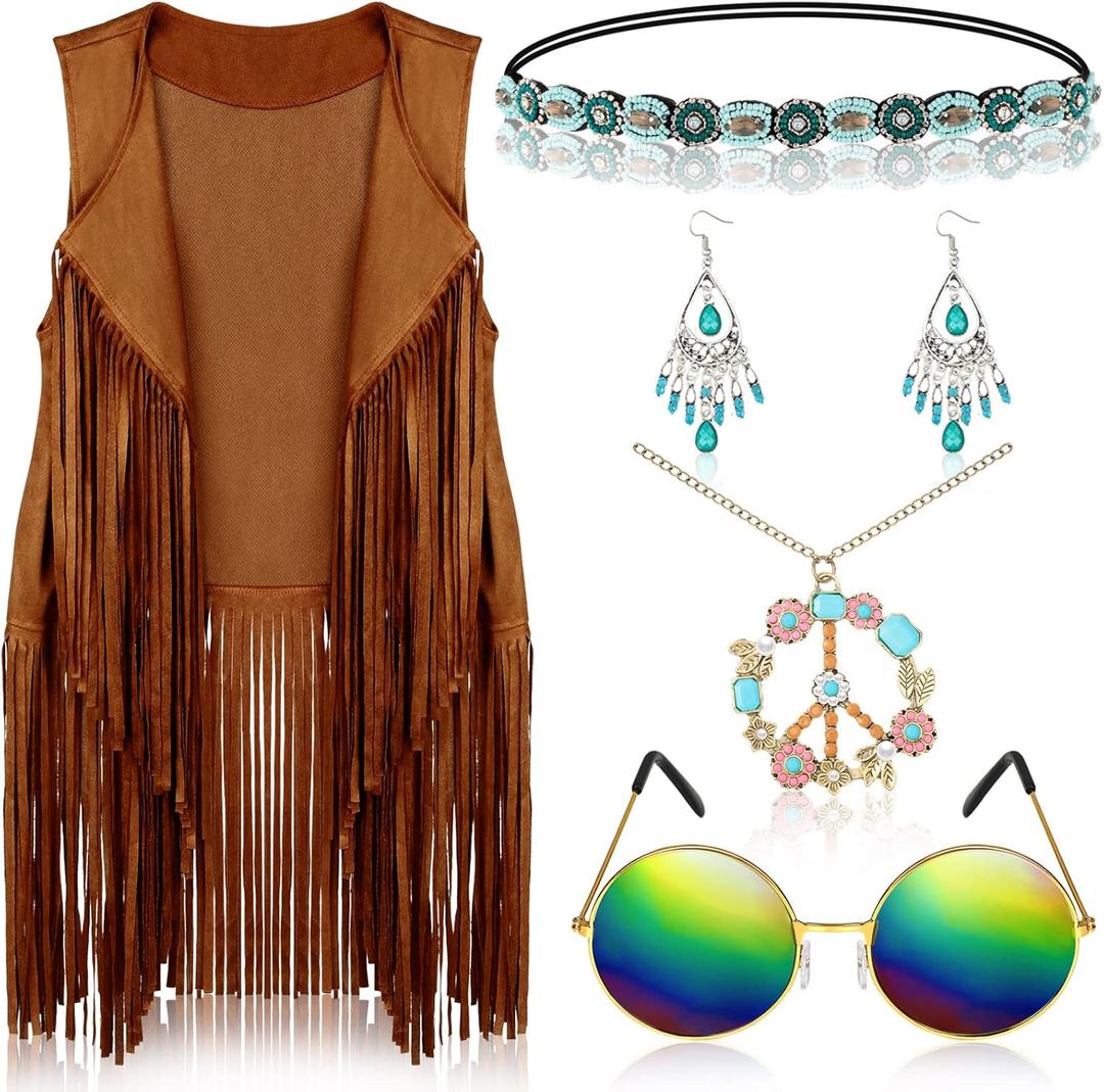 60s 70s Outfits for Women Hippie Costume Accessories Fringe Vest Sunglasses Necklaces Earring Headband, M