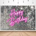 InMemory Glitter Pink Neon Happy Birthday Backdrop Silver Sequins Stars Halos Girls Women Birthday Reception Party Decorations Banner Portrait Photography Background 6x4ft