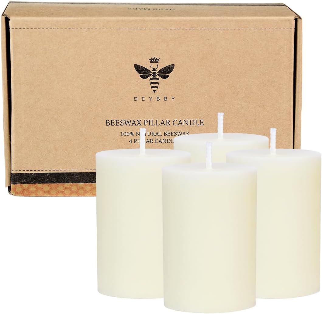 Natural Beeswax Pillar Candle 2x3 inch Set of 4, Dripless Smokeless Pure Brown Raw Beeswax Candle with Natural Scent for Prayer Home Relaxation,80 Hours Burning in Total (White)