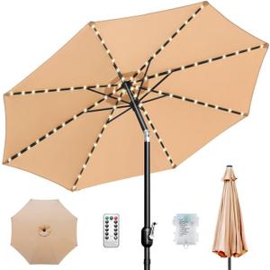 10ft Patio Umbrella, Table Market Umbrella Outdoor Patio with 104 LED Lights 8 Sturdy Ribs & Push Button Tilt and Crank for Deck, Pool, Garden, Backyard (Tan)