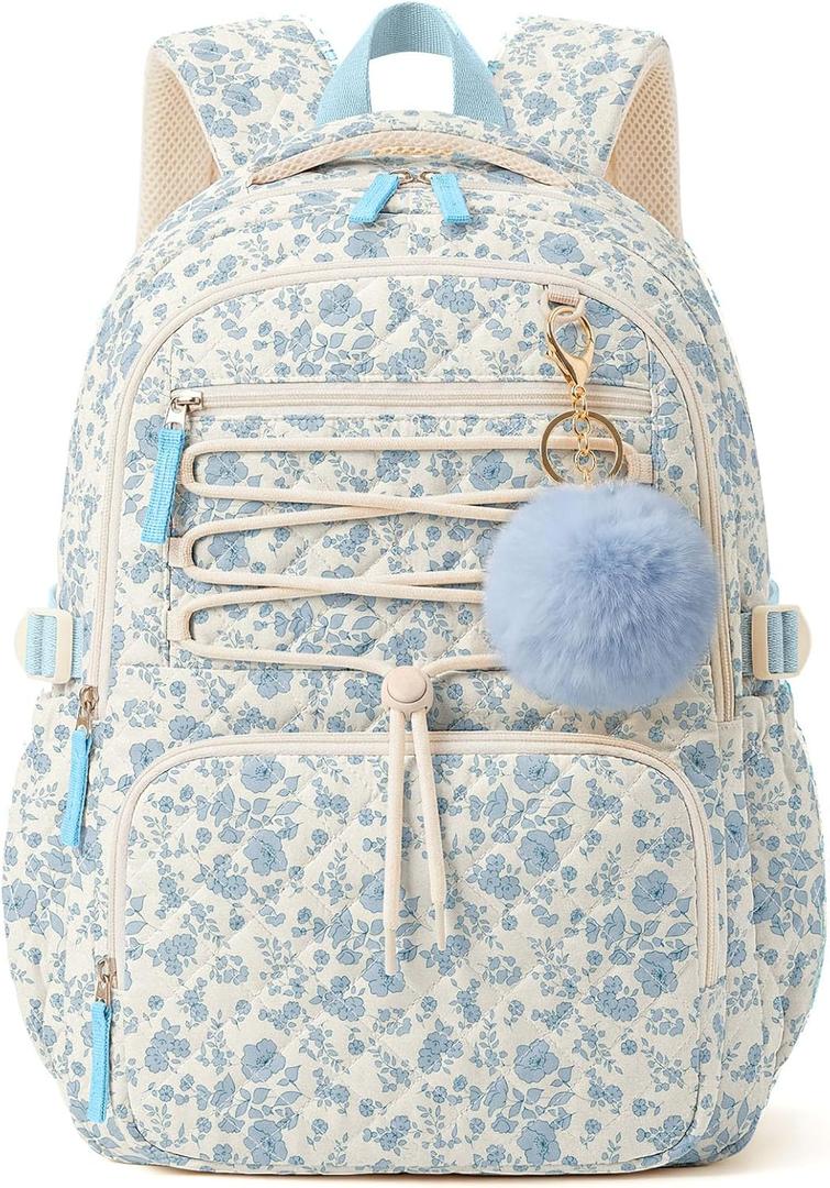 WOBAGMEN Backpack for Women,Cute Quilted Backpack with Multi-Pocket, Lightweight Anti Theft Bookbag Fits 15.6" Laptop,Aesthetic Large Capacity Casual Daypacks for travel(Blue Floral, M)
