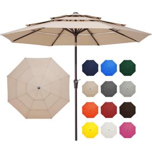 JEAREY 9FT 3 Tier Patio Umbrella Outdoor Market Umbrella Table Umbrellas with 8 Ribs 1.5 Pole Push Button Tilt and Crank UV Protection for Garden,Beige