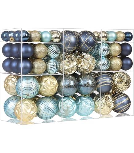 100ct Blue and Gold Christmas Ornaments Set, Shatterproof Xmas Tree Ornaments Decorations Collection, Hanging Plastic Christmas Balls for Holiday Party Wedding (Blue&Gold)