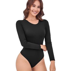 Women's Tummy Control Bodysuit Crew Neck Long Sleeve Body suit Second-skin Feel Tops (Black, M)