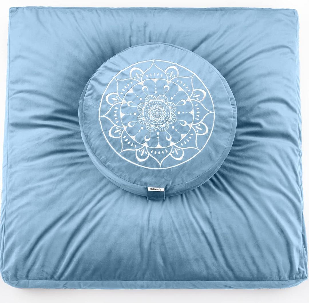 Hihealer Meditation Cushion, Traditional Tibetan Meditation Pillow Velvet Cover - Large Floor Cushion Seating for Adults - Yoga Buckwheat Bolster for WomenMoms (Restful Blue(set))