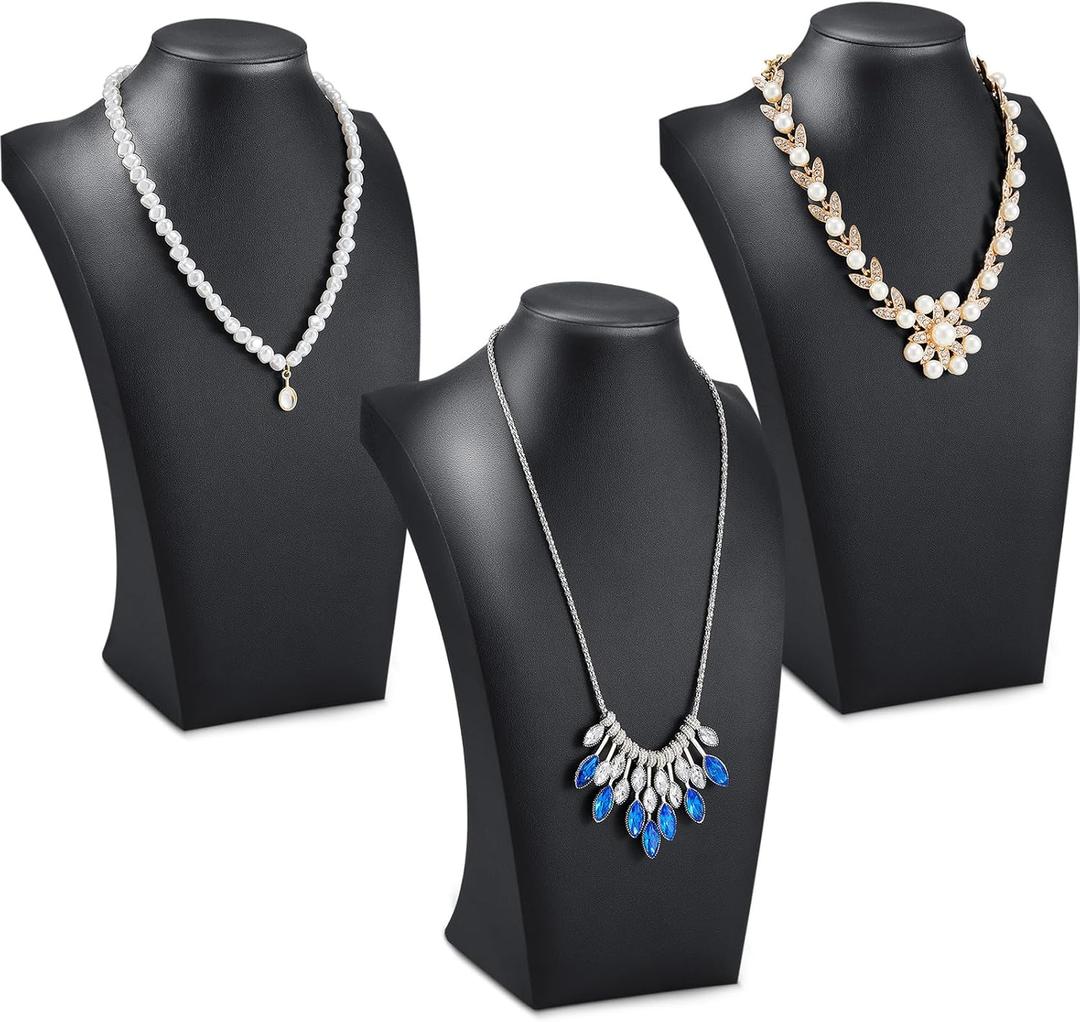 Kigley 3 Pcs Black PU Leather Jewelry Bust Display Necklace Display Stand Necklace Mannequin Holder for Jewelry Displays(11.42 x 6.89 Inch)