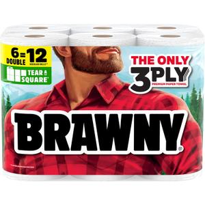 Brawny Tear-A-Square 3-Ply Paper Towels, 6 Double Rolls = 12 Regular Rolls, Strong, Absorbent, and Durable with 3 Sheet Sizes (Quarter, Half, Full), 100 Sheets