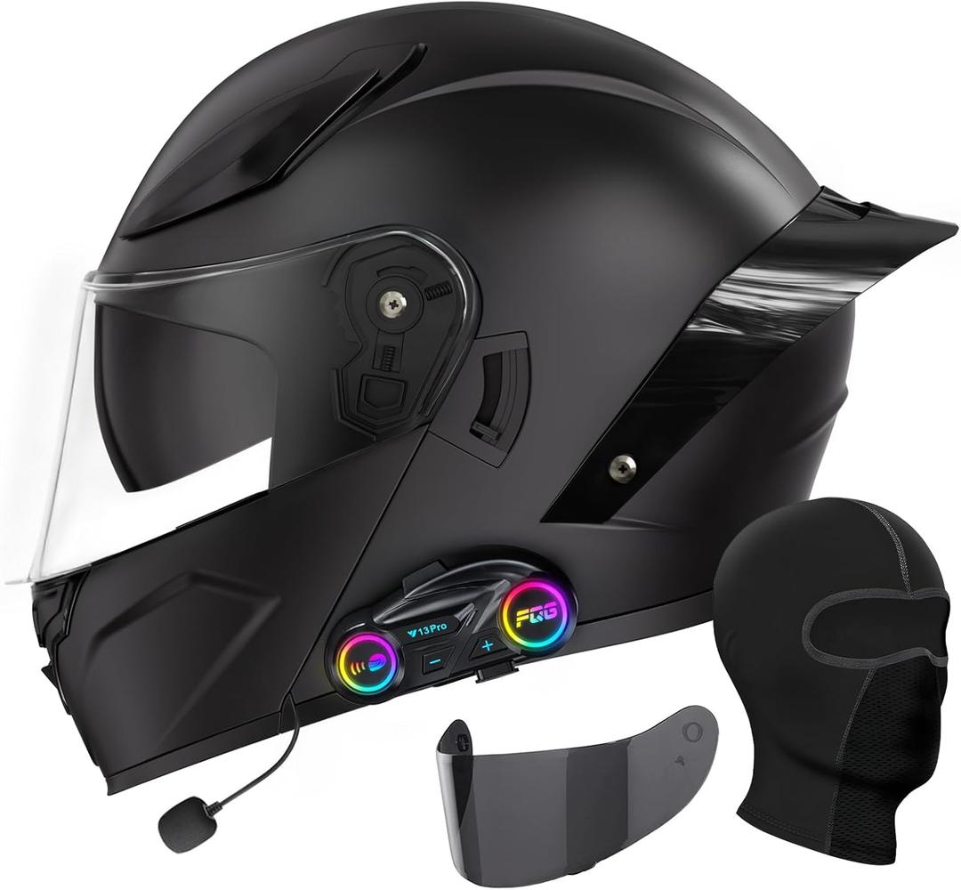 Bluetooth Motorcycle Helmet, Full Face Flip Up Modular Motorcycle Helmet with Bluetooth intercom headsets, DOT Approved Dual Visor Helmets (Large)