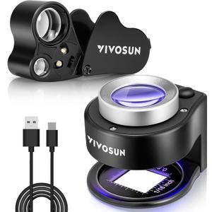 VIVOSUN 2-Pack Jewelry Loupe, 30X and 60X Foldable Magnifier UV/LED Lights, Desktop Loupe with LED & UV Lights for Jewelry, Gems, Watches, Coins, and Stamps, Black
