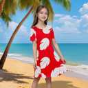 Hawaiian Red Dress for Cosplay Halloween Costume with Leaf Print Summer Beach Party Outfit (7-8Y)