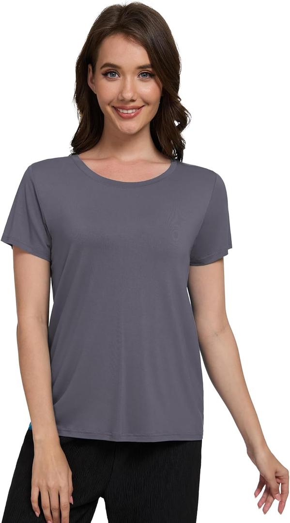 WiWi Pajama Top for Women Short Sleeve Scoop Neck Pajamas Soft Viscose from Bamboo Basic Solid T-Shirt PJ S-XXL (Medium, Dark Grey)