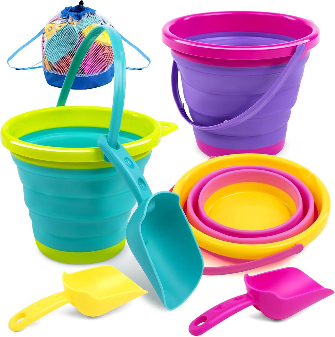 JOYIN Foldable Beach Bucket Set of 3 Collapsible Toy Buckets with Shovels and Mesh Backpack for Kids Toddlers Party, Camping Gear, Travelling, Fishing Water Pail (Pink/Purple/Green)