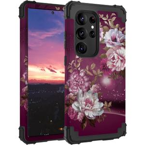 Hocase for Galaxy S25 Ultra Case, Shockproof Heavy Duty Hard Plastic+Soft Silicone Rubber Bumper Hybrid Dual-Layer Protective Case for Samsung Galaxy S25 Ultra 6.9" 2025 - Royal Purple Flowers
