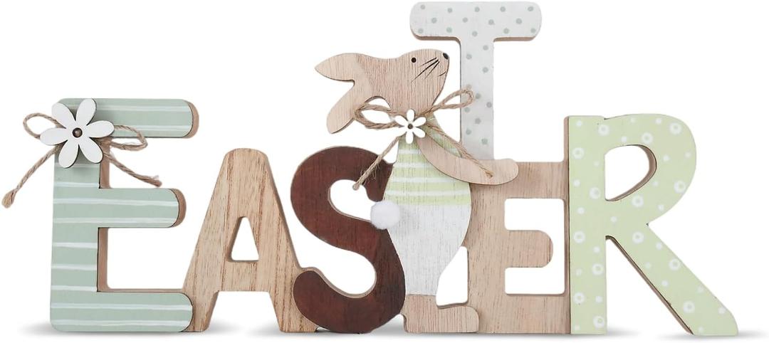Easter Decorations Wooden Sign Party Decorations for Home, Farmhouse Easter Table Decor Bunny with Pompom Ball for Tiered Tray Tabletop Shelf Mantel Party Outdoor Indoor (Lite Green)