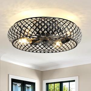 Metal Ceiling Fan with Lights: 20" Iron Low Profile Crystal Black Caged Industrial Ceiling Fans with Light Flush Mount Remote Control 6 Speeds for Bedroom Living Room Kitchen