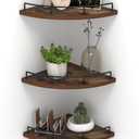HORLIMER Floating Corner Shelf Wall Mount, Set of 3 Rustic Wood Corner Wall Shelves with Fence for Bedroom, Living Room, Bathroom, Kitchen, Brown (Fan-Shaped)
