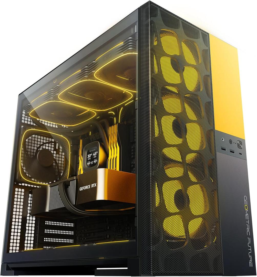 Geometric Future M5 Vent, Mesh Panel Tempered Glass Mid Tower, E-ATX/ATX Gaming Case, High Airflow, Type C, Support 420/360 Rad, ARGB PWM 140mm Fan x 5 Pre-Installed, Black/Yellow, GEO-M5VF-BY