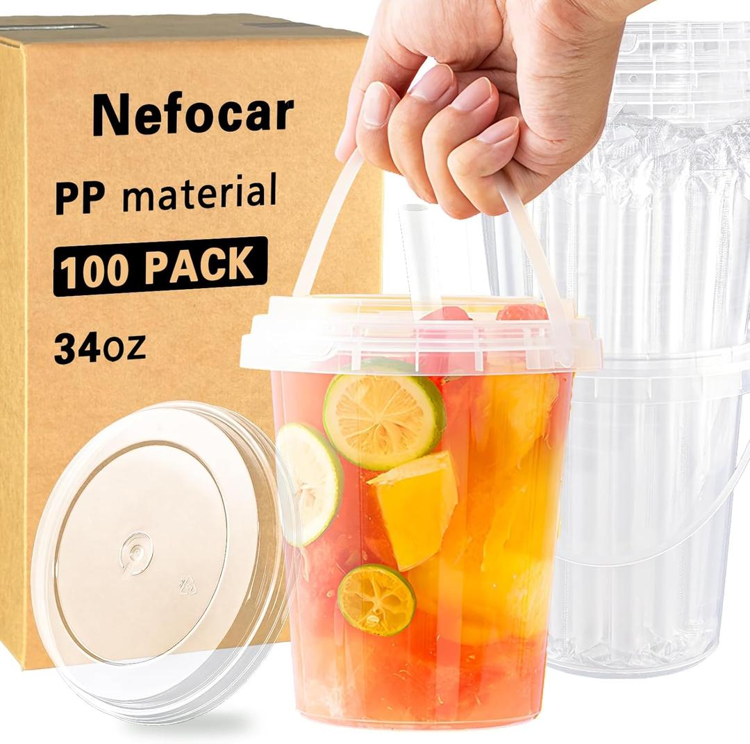 100 Pack 34oz Disposable Plastic Cups with Lids and Straws, Iced Coffee Cups with Lids, Sturdy & Food Safe for Cold & Hot Drinks, Smoothies, Fruit Drinks Cups for Summer Beverages, Bar & Beach Party